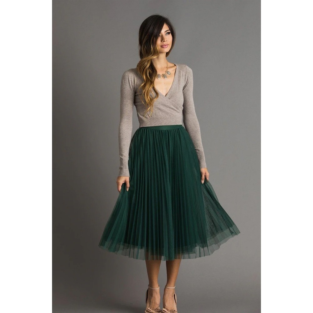 NWT Morning‎ Lavender Vienna Pleated Tulle Midi Skirt Green Women SP